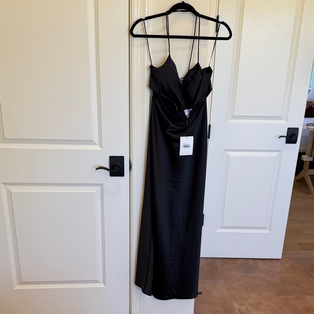 Hello Molly Black Satin Maxi Slip Dress with Double Spaghetti Straps